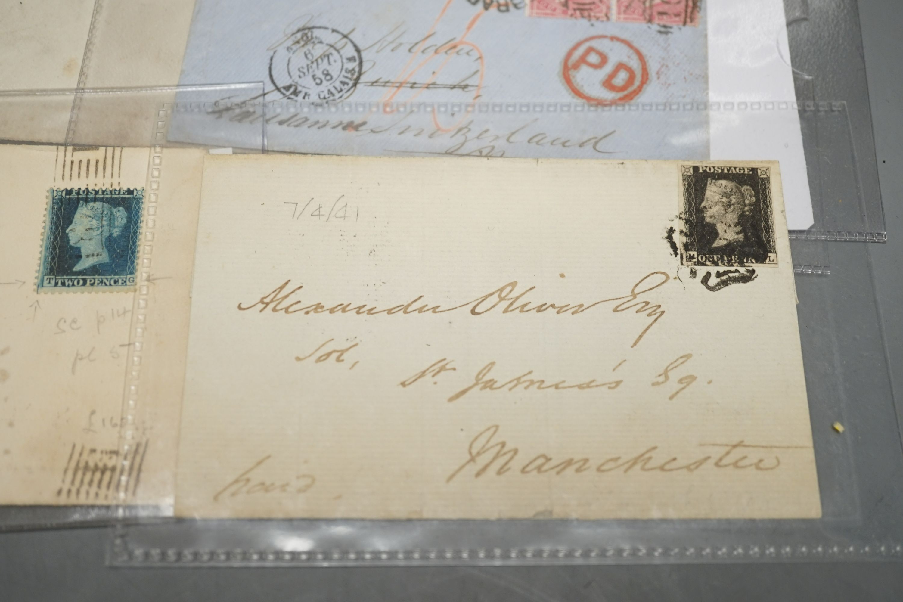 Great Britain group of seven covers with Dec. 1840 1d black plate 4, Feb. 1841 1d black, pair plate 8 to Southampton, Apr. 1841 1d black plate 7, 1856 2d blue. Two large covers with 1d reds and 1858 2d blue. 1858 pair 4d